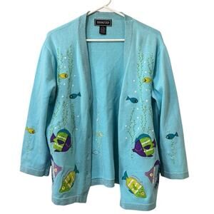 Terazzo Women Size Medium Embroidered Cardigan Sweater Long Sleeve Fish Nautical